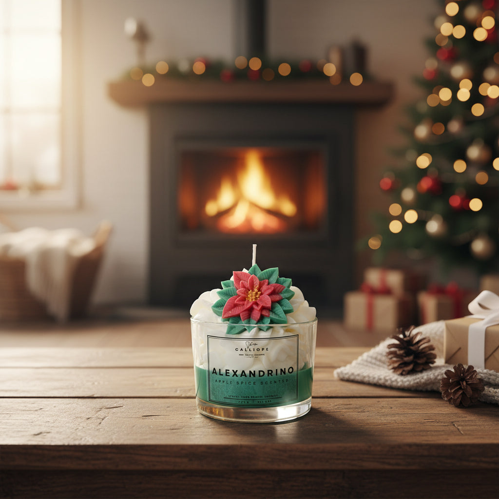 Candle with floral design on top in a glass container labeled 'Alexandrino' on a neutral background.