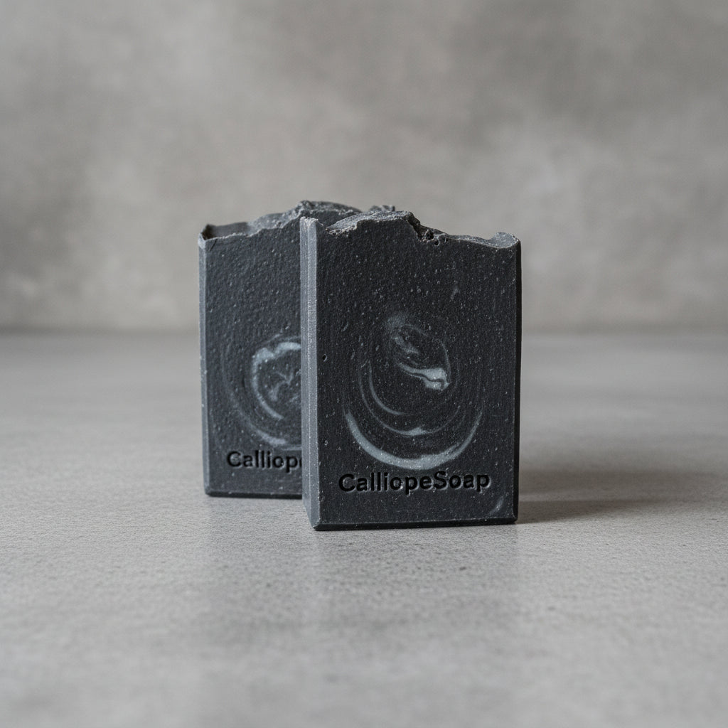 Two black soap bars with 'Calliope Soap' branding on a white surface.
