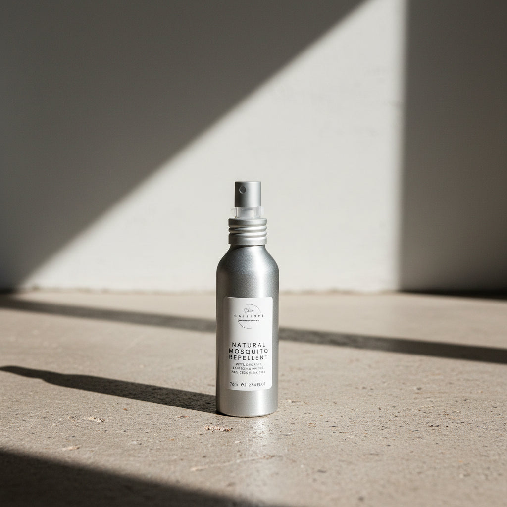 Bottle of natural mosquito repellent on a surface with a dark background