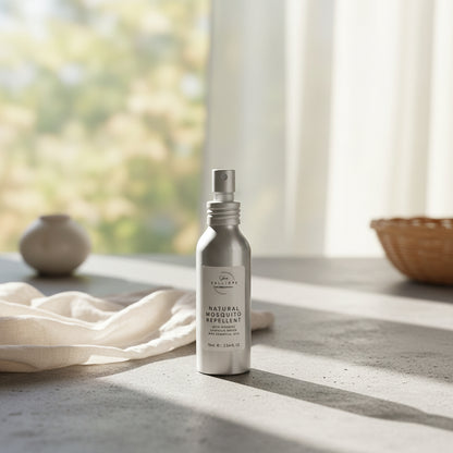 Silver spray bottle labeled as natural mosquio repellent on a cement surface in front of a window