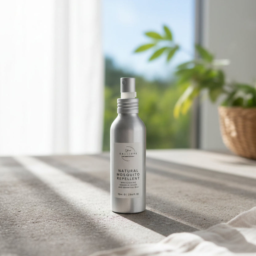 Silver natural mosquito repellent calliopeshop spray bottle in front of a window