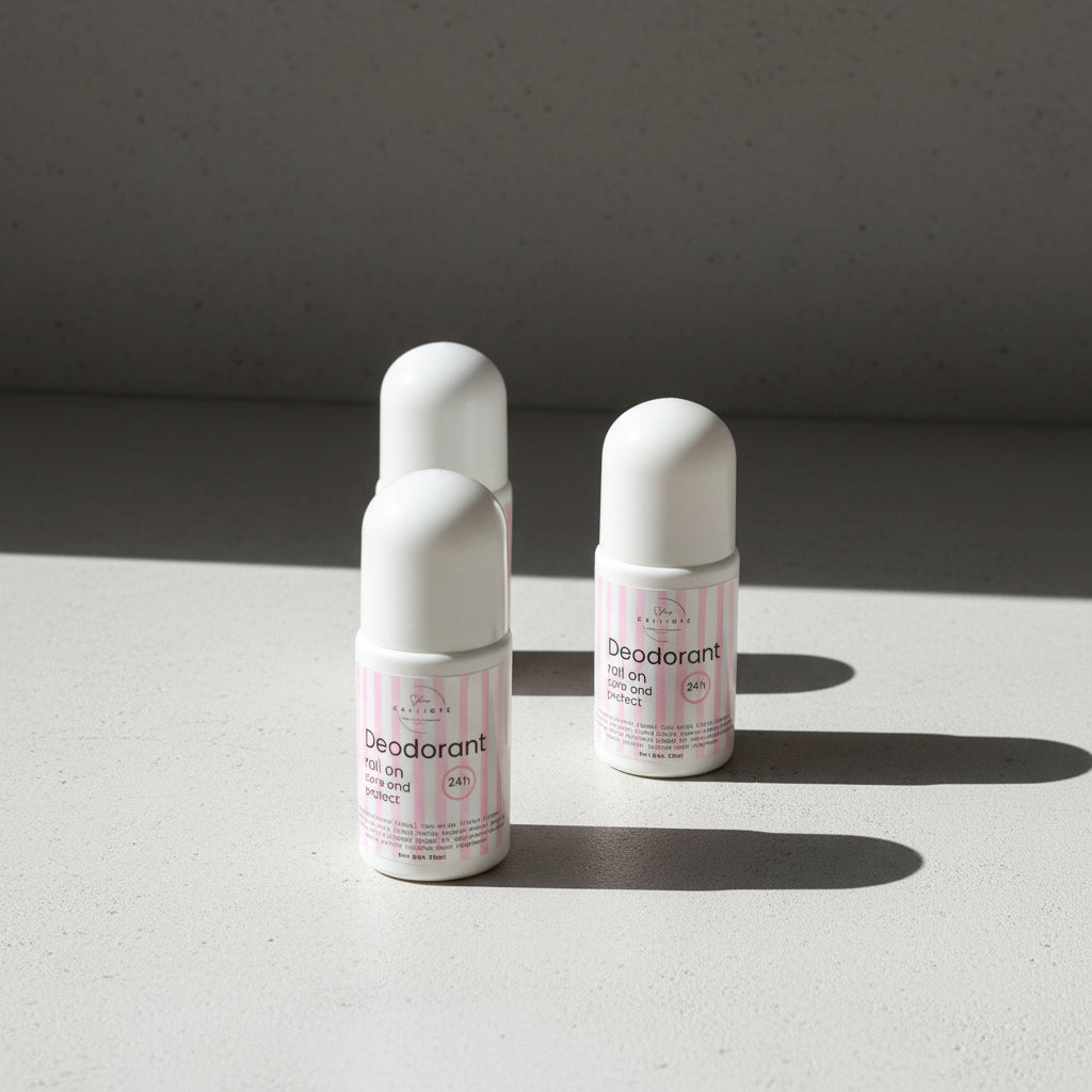 Three deodorant bottles on a light surface with a gray background