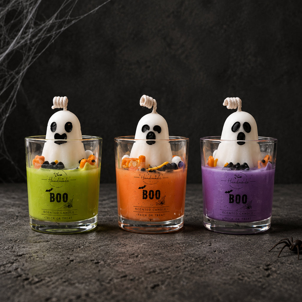 Τρία Halloween-themed αρωματικά κεριά σε ποτήρι με διακοσμητικά φαντάσματα από κερί, πάνω σε μαύρη επιφάνεια.