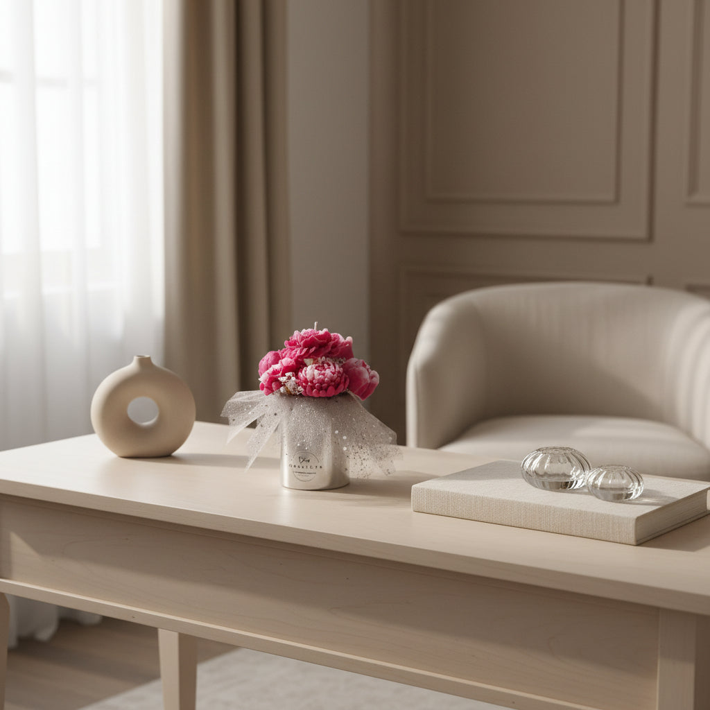 Living room with a coffee table featuring decorative items including a vase with pink flowers.