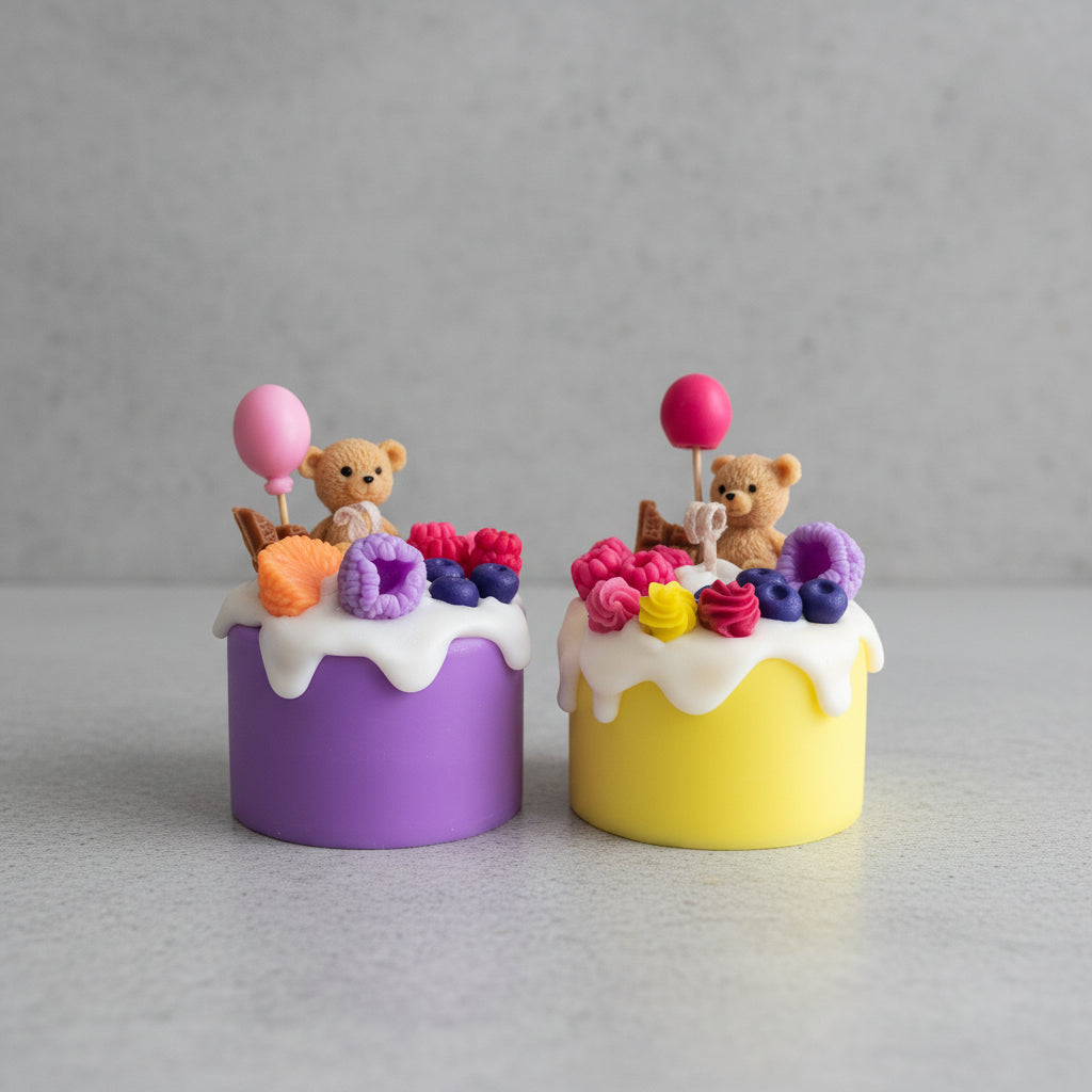 Two small cake figurines with teddy bears and flowers on a plain background