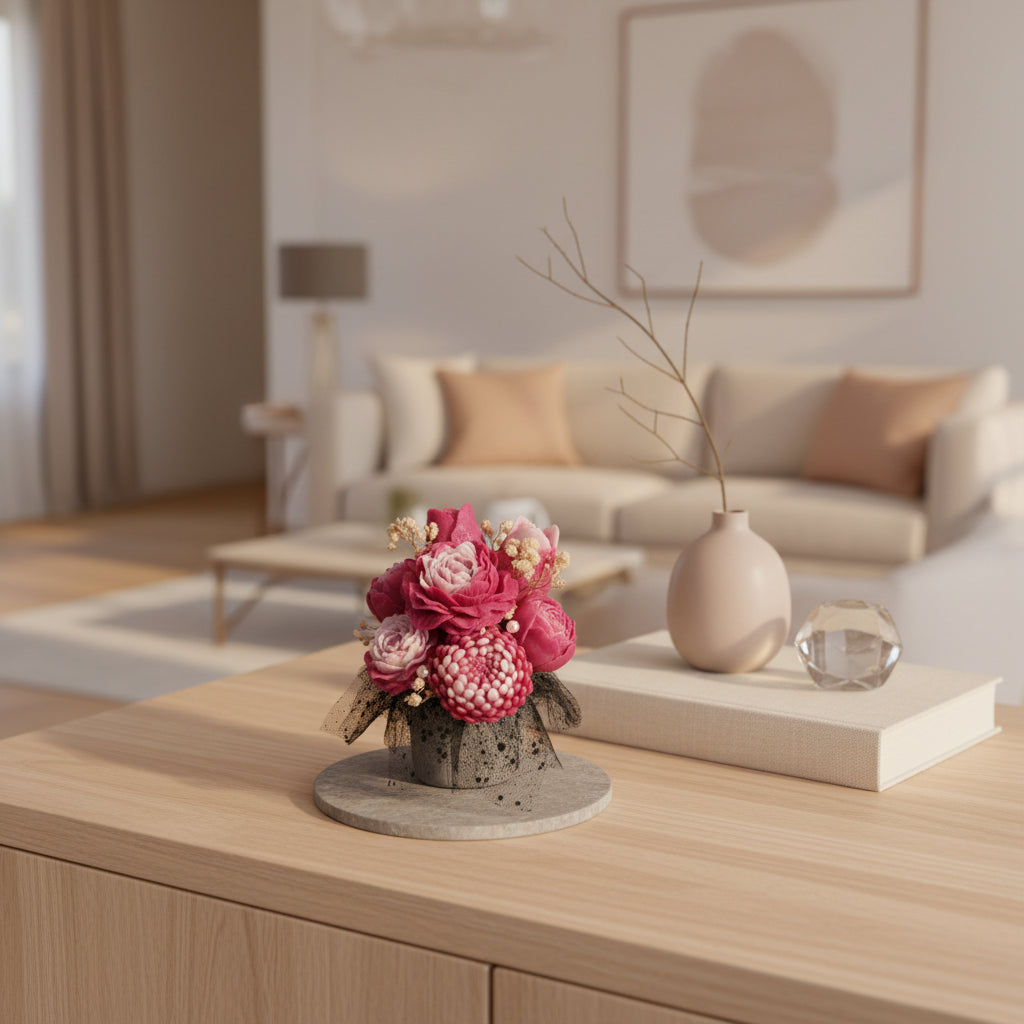 Decorative wax flowers on a wooden table with a blurred living room background