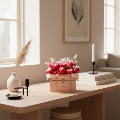 Pink floral arrangement in a decorative box with a chain on a light surface.