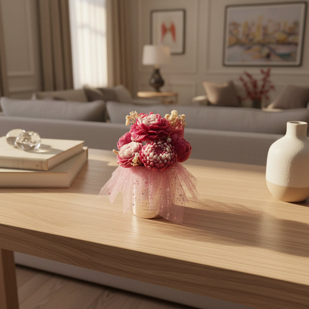 Candle bouquet in a metallic box with pink tulle, on a coffee table.