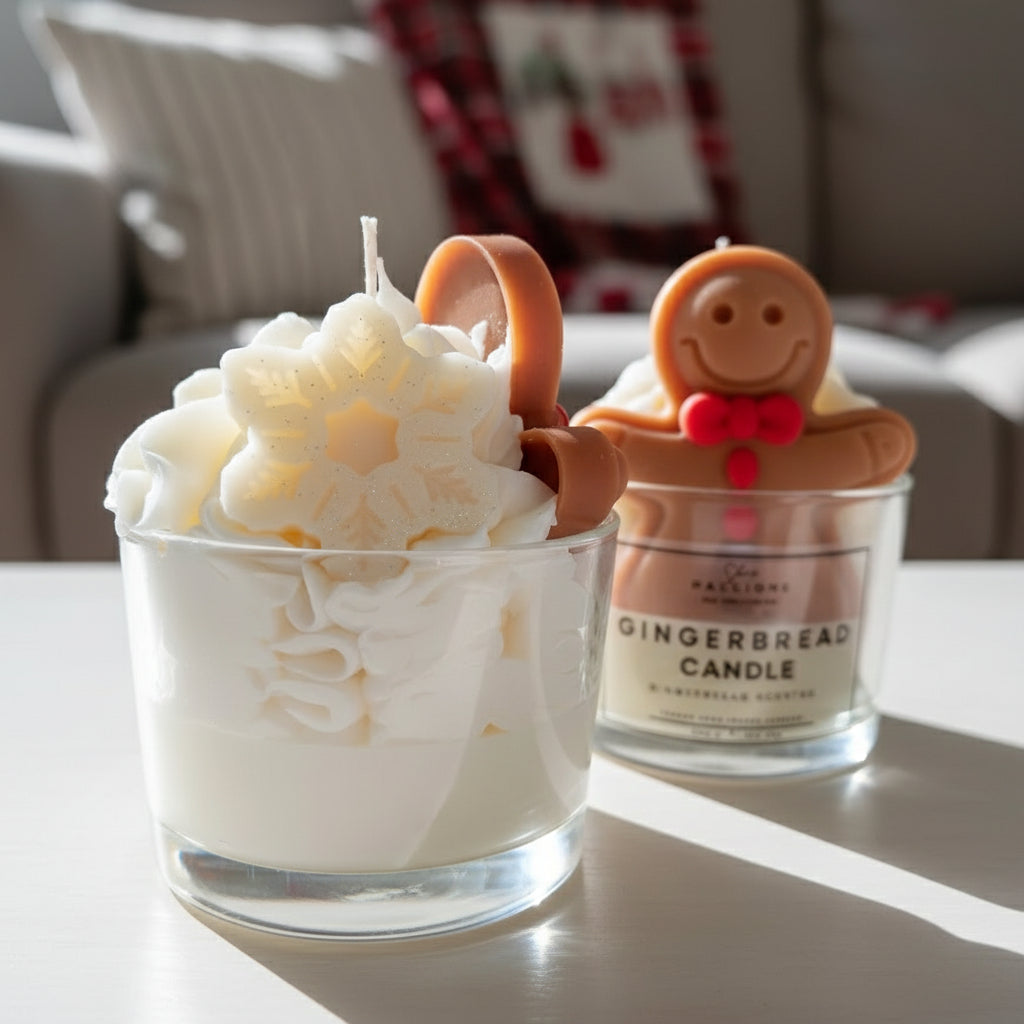 Two gingerbread-themed candles on a table with a blurred background