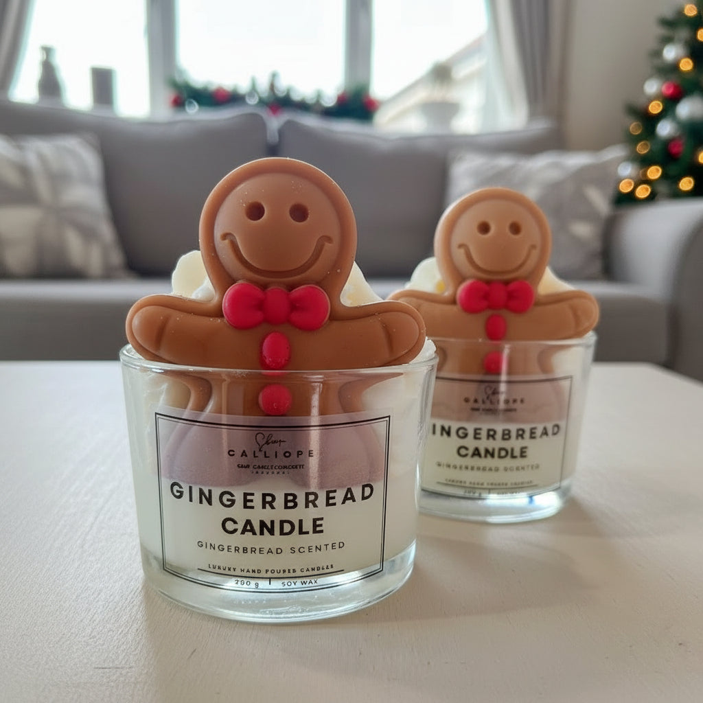 Gingerbread-themed candles with a Christmas tree in the background