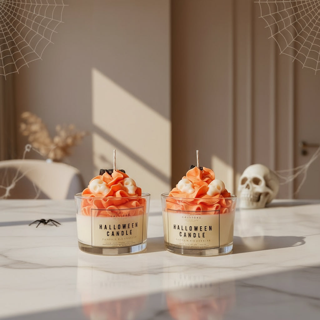 Two Halloween-themed candles on a reflective surface with a spider and skull decoration.