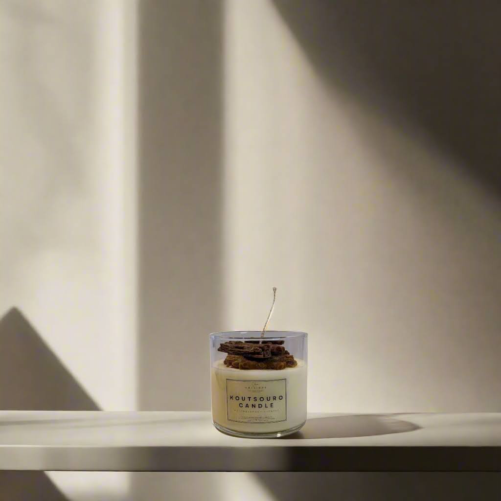 Candle with a label on a reflective surface with a soft shadow background