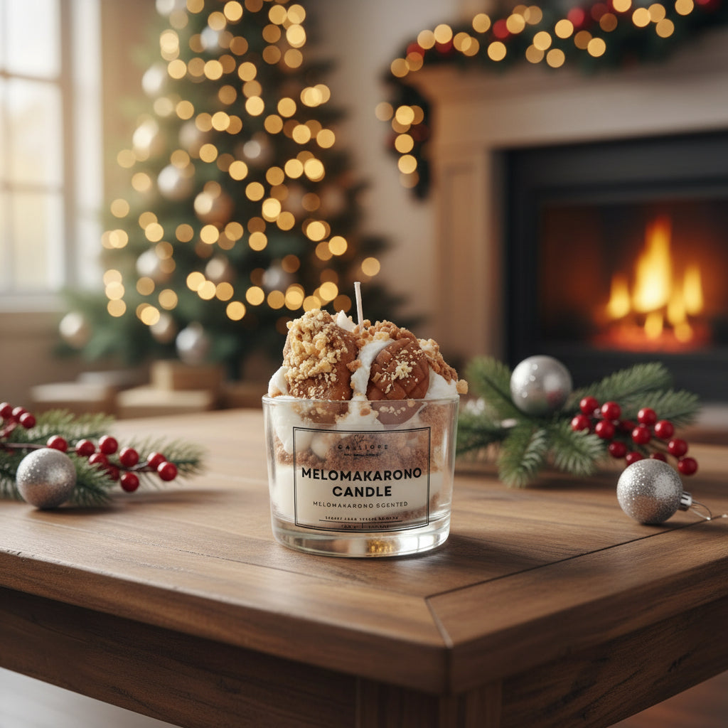 Melomakarona candle on a wooden surface with Christmas decorations and a fireplace in the background