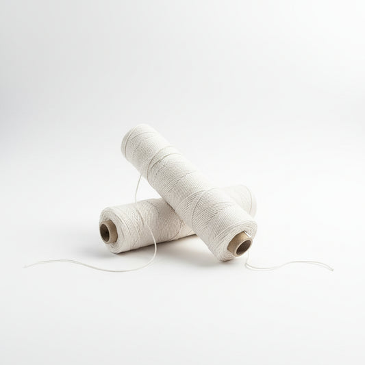 Two bobbins of candle wick on a neutral background