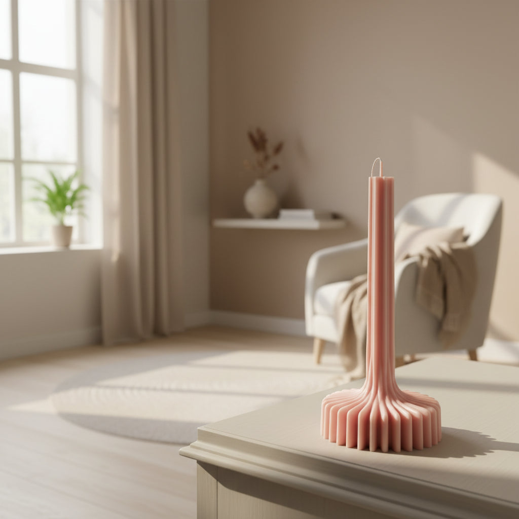 Pink candle holder with candles on a white surface