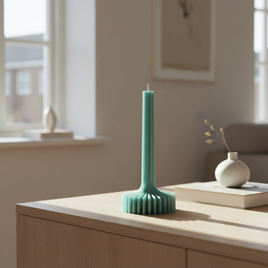 Green candle with a textured base on a beige surface