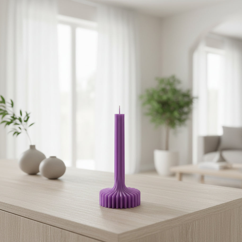 Purple candle holder with a candle on a beige background