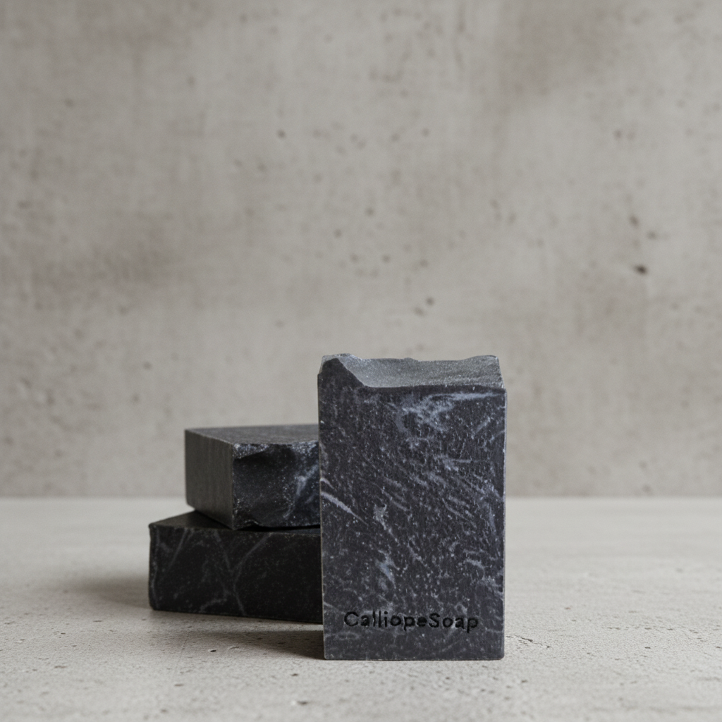 Two black soap bars on a white background with 'CellopeSoap' branding.