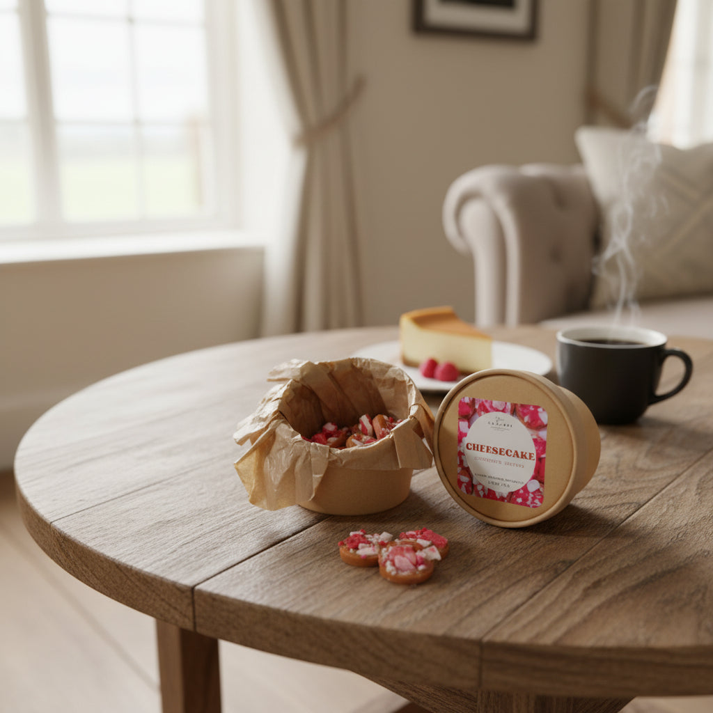 Wooden table with cheesecake wax melts, and a cup of coffee in a cozy living room.