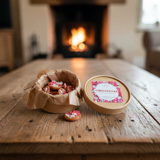 Cheesecake wax melts in a box on a wooden table with a fireplace in the background