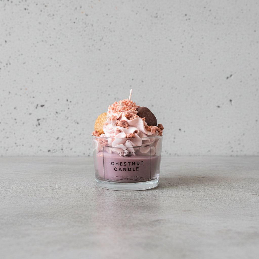 Μπροστινή όψη από το αρωματικό κερί Chestnut Candle με χειροποίητες φθινοπωρινές λεπτομέρειες κεριού