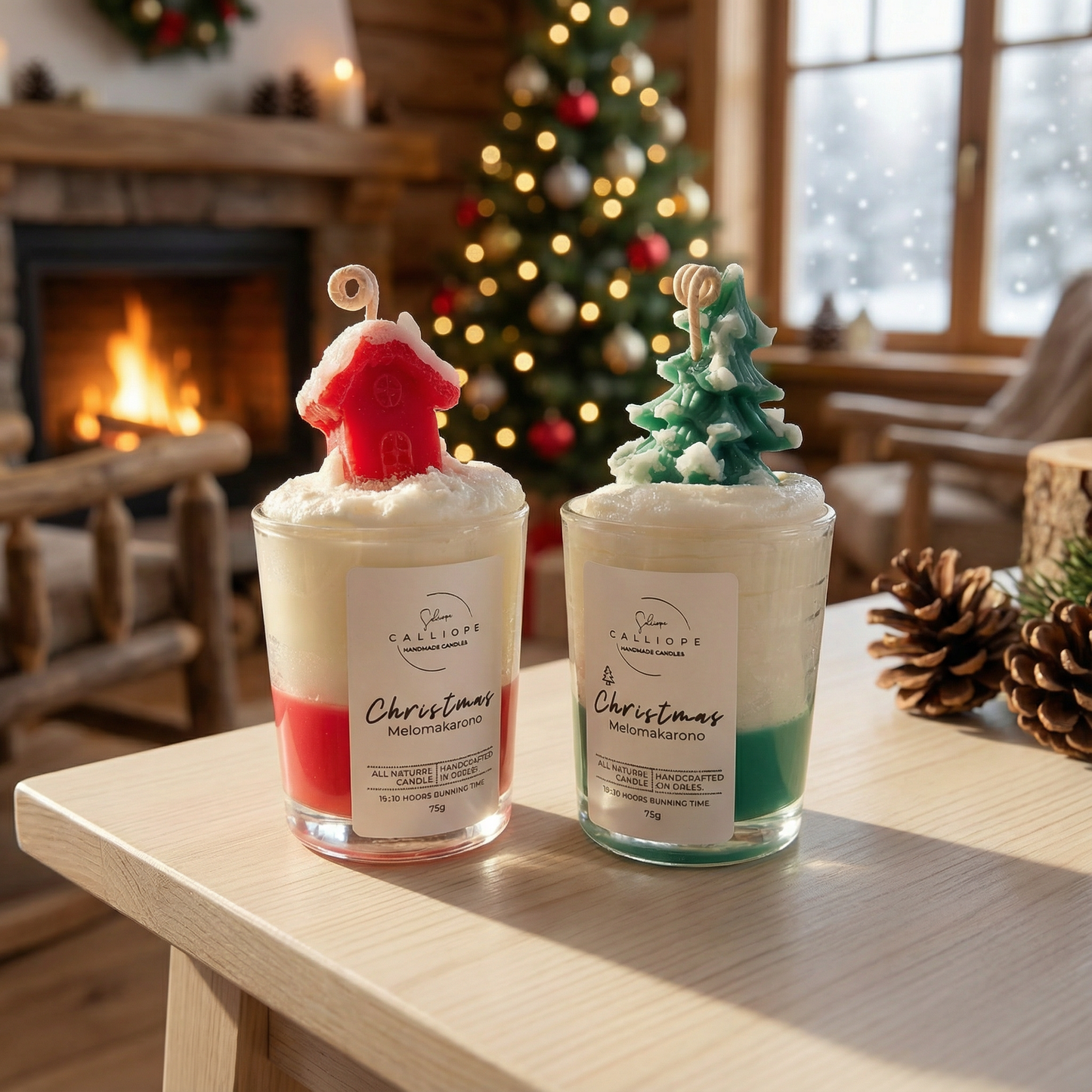 Two Christmas-themed candles on a table with a fireplace and decorated tree in the background.