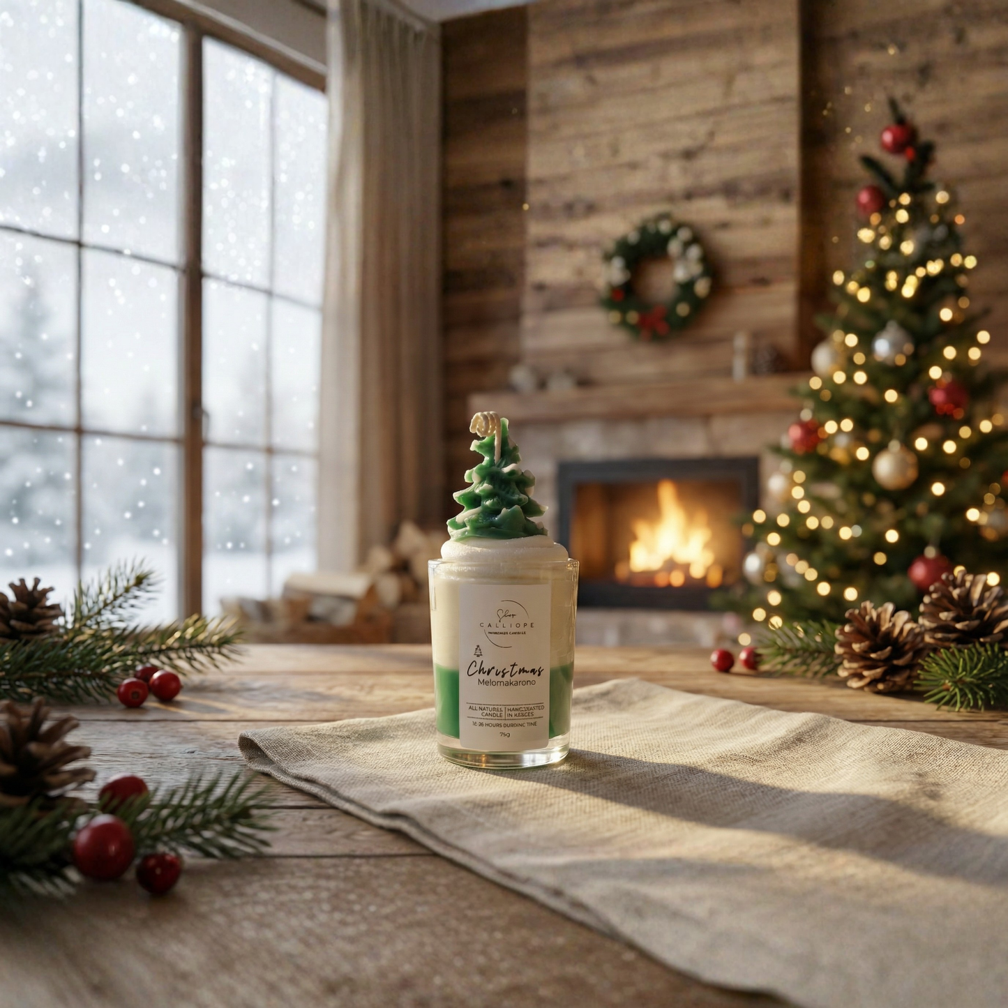 Christmas-themed candle with tree design on top, surrounded by festive decorations in front of a fireplace.