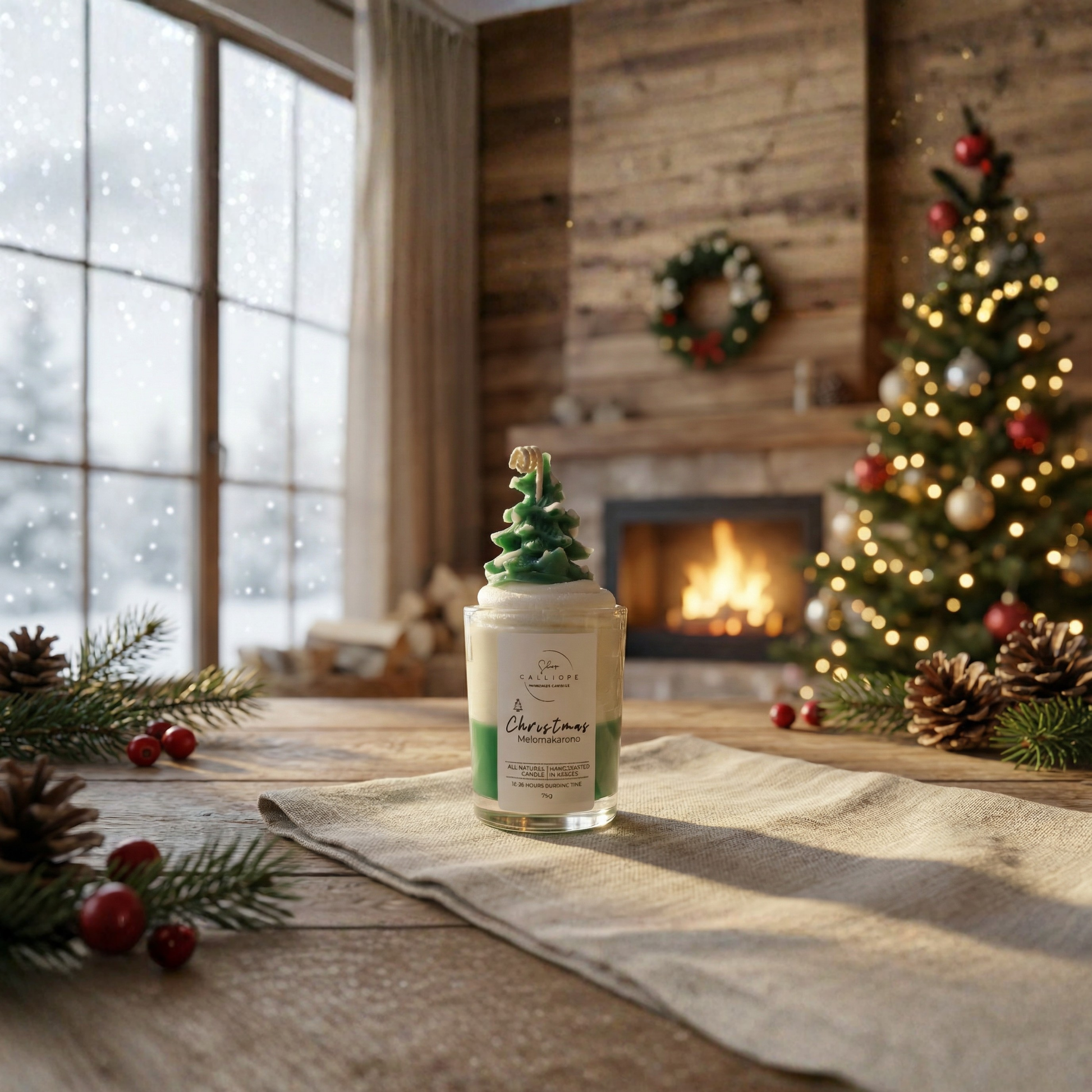 Christmas-themed candle with tree design on top, surrounded by festive decorations in front of a fireplace.