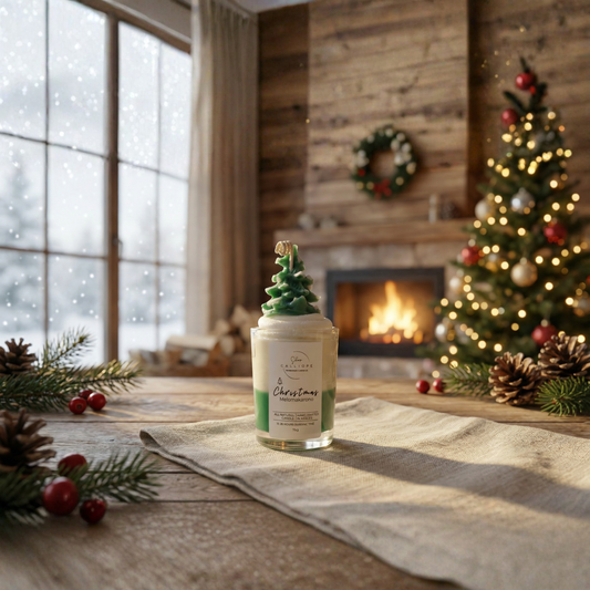 Christmas-themed candle with tree design on top, surrounded by festive decorations in front of a fireplace.