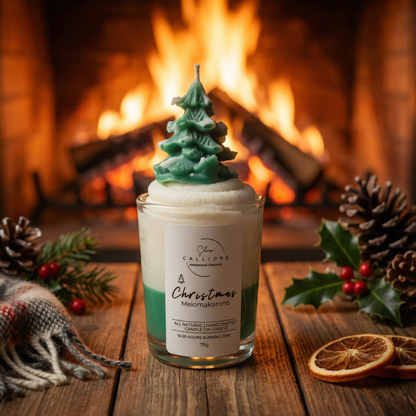 Christmas-themed candle with tree design on top, surrounded by festive decorations in front of a fireplace.