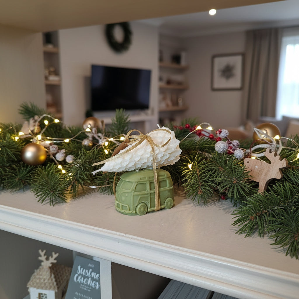 Decorative Christmas garland with lights and ornaments on a mantelpiece in a living room.