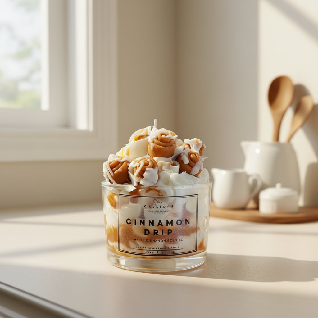 Candle labeled 'Cinnamon Drip' on a windowsill with natural light