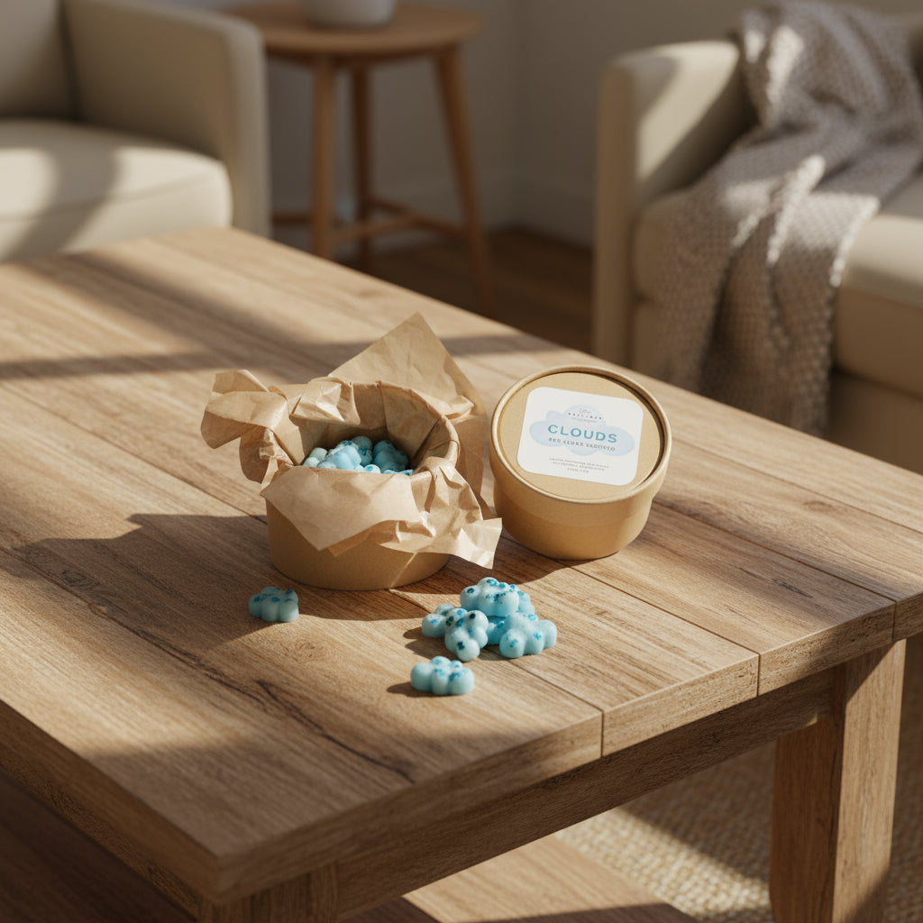 Container of blue cotton candy on a wooden coffee table with a blurred background
