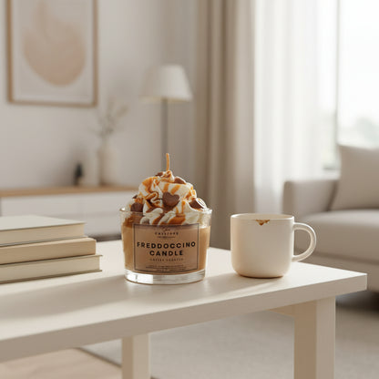 Freddoccino candle on a table with a cup in a cozy living room setting