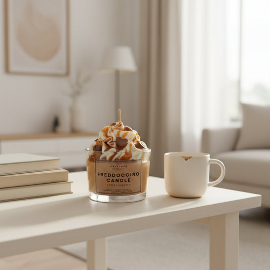 Freddoccino candle on a table with a cup in a cozy living room setting