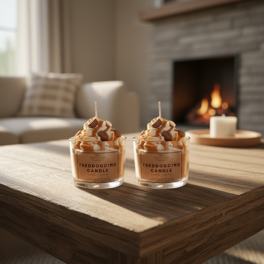 Two Freddocino Candle products on a wooden table with a fireplace in the background.
