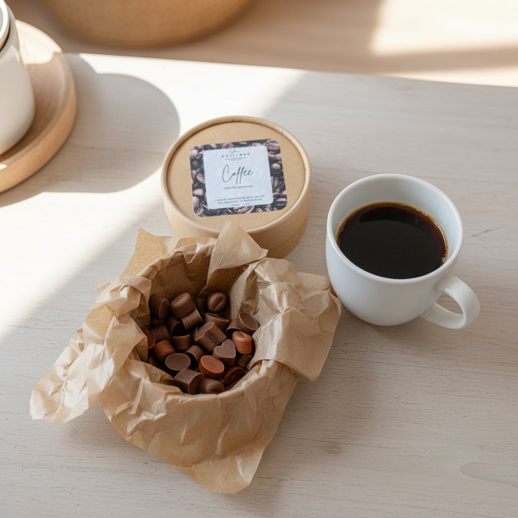 Jar of coffee-scented candles with a label on a light background