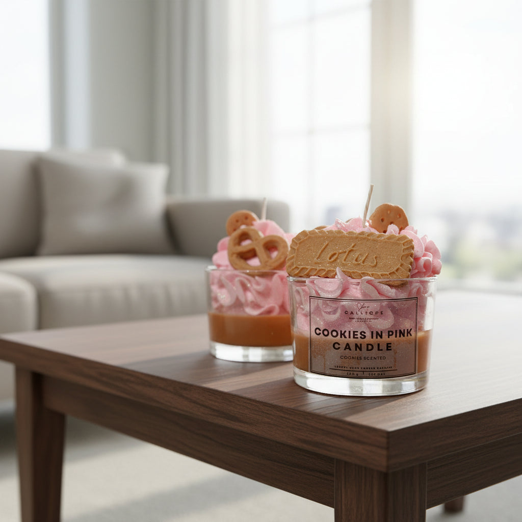 Cookies in Pink Candle with pink frosting and cookie decorations on a white surface.