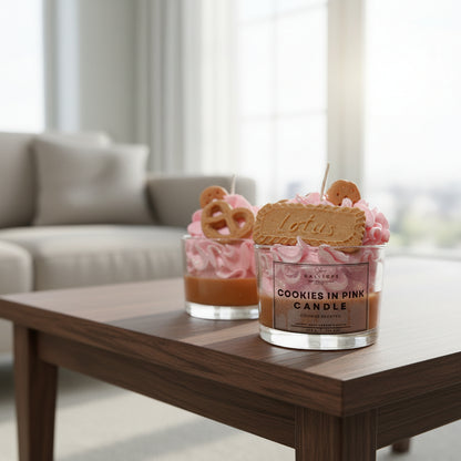Cookies in Pink Candle with pink frosting and cookie decorations on a white surface.