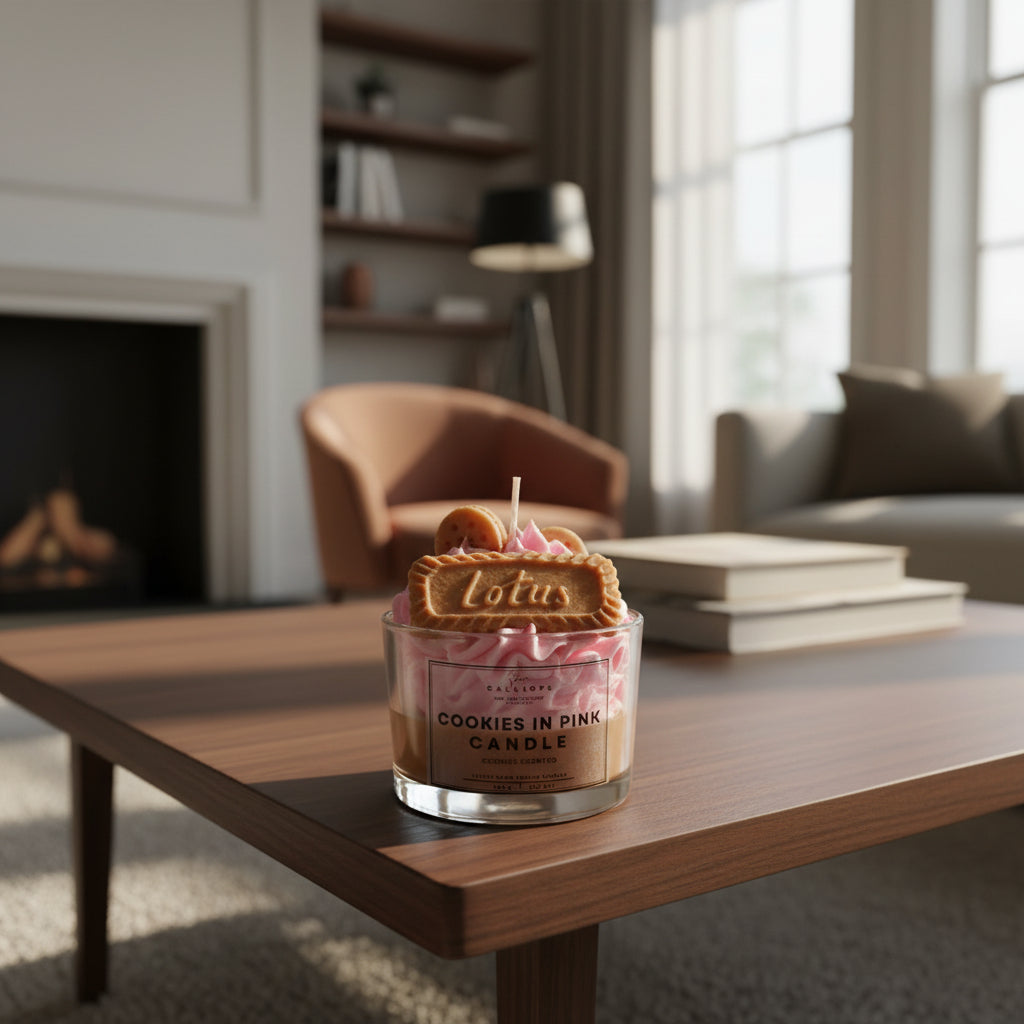 Candle with cookie decoration on a wooden table in a cozy living room.