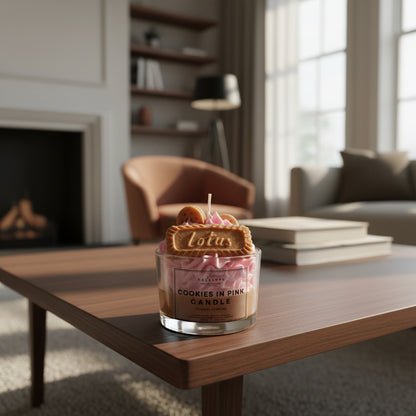 Candle with cookie decoration on a wooden table in a cozy living room.