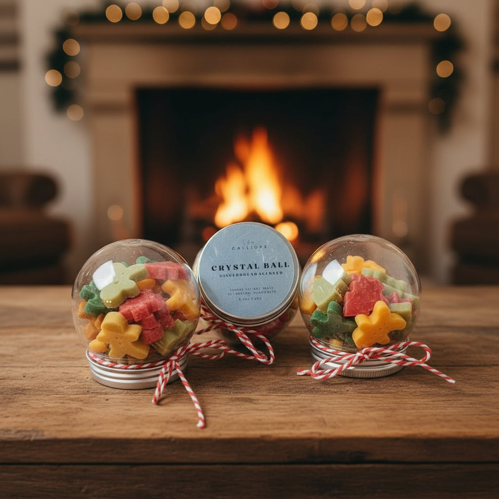 Decorative crystal balls with candy stars on a wooden surface in front of a fireplace.