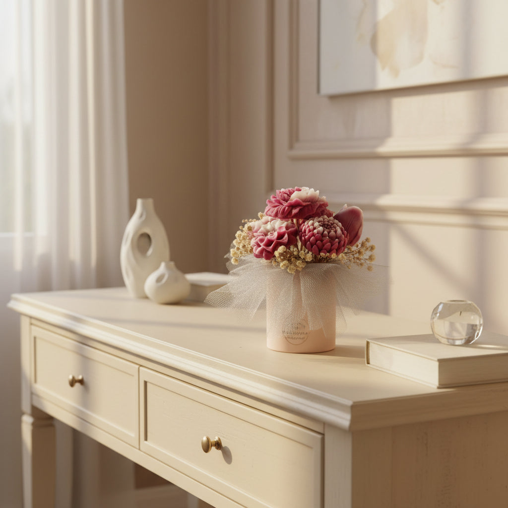Light wooden console table with decorative items including a vase, flowers, and a book in a softly lit room.