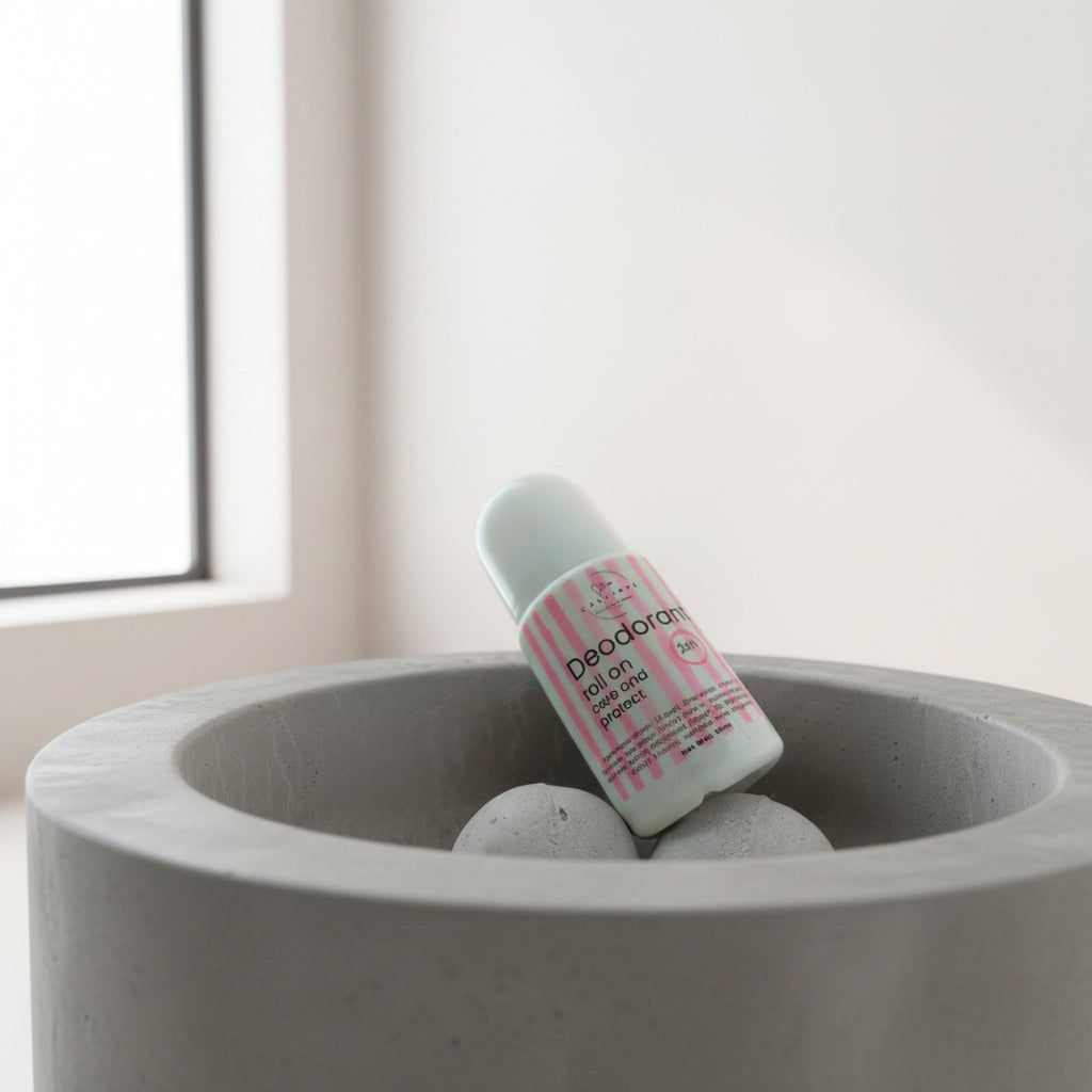 Deodorant bottle in a concrete planter with a light background
