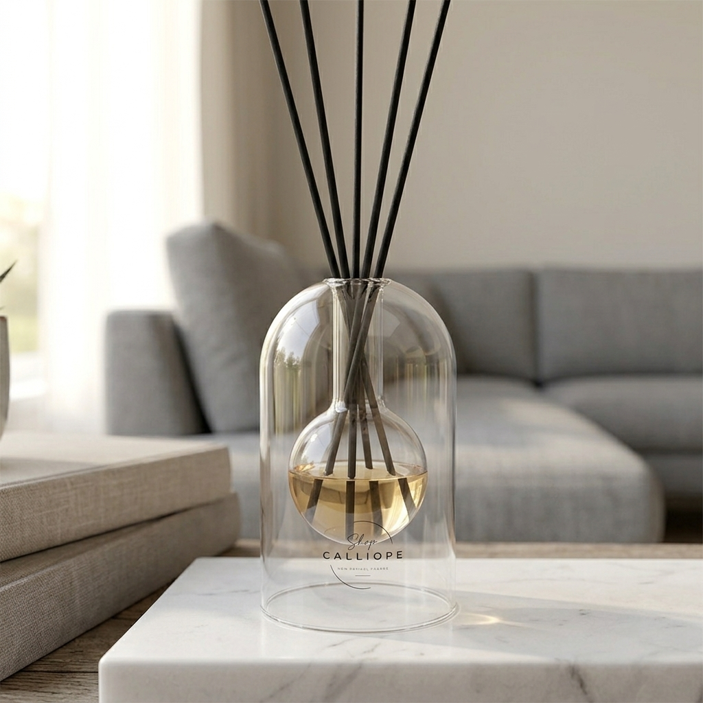 Minimal γυάλινο μπουκάλι αρωματικού χώρου Calliope Signature με μαύρα στικάκια, τοποθετημένο σε λευκό μάρμαρο.