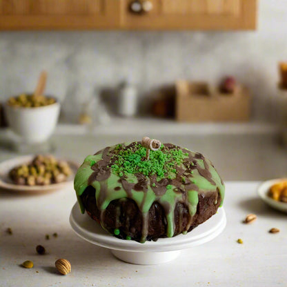 A soy wax candle with a chocolate color and green top resembling a chocolate dessert, placed on a white surface in a kitchen setting.