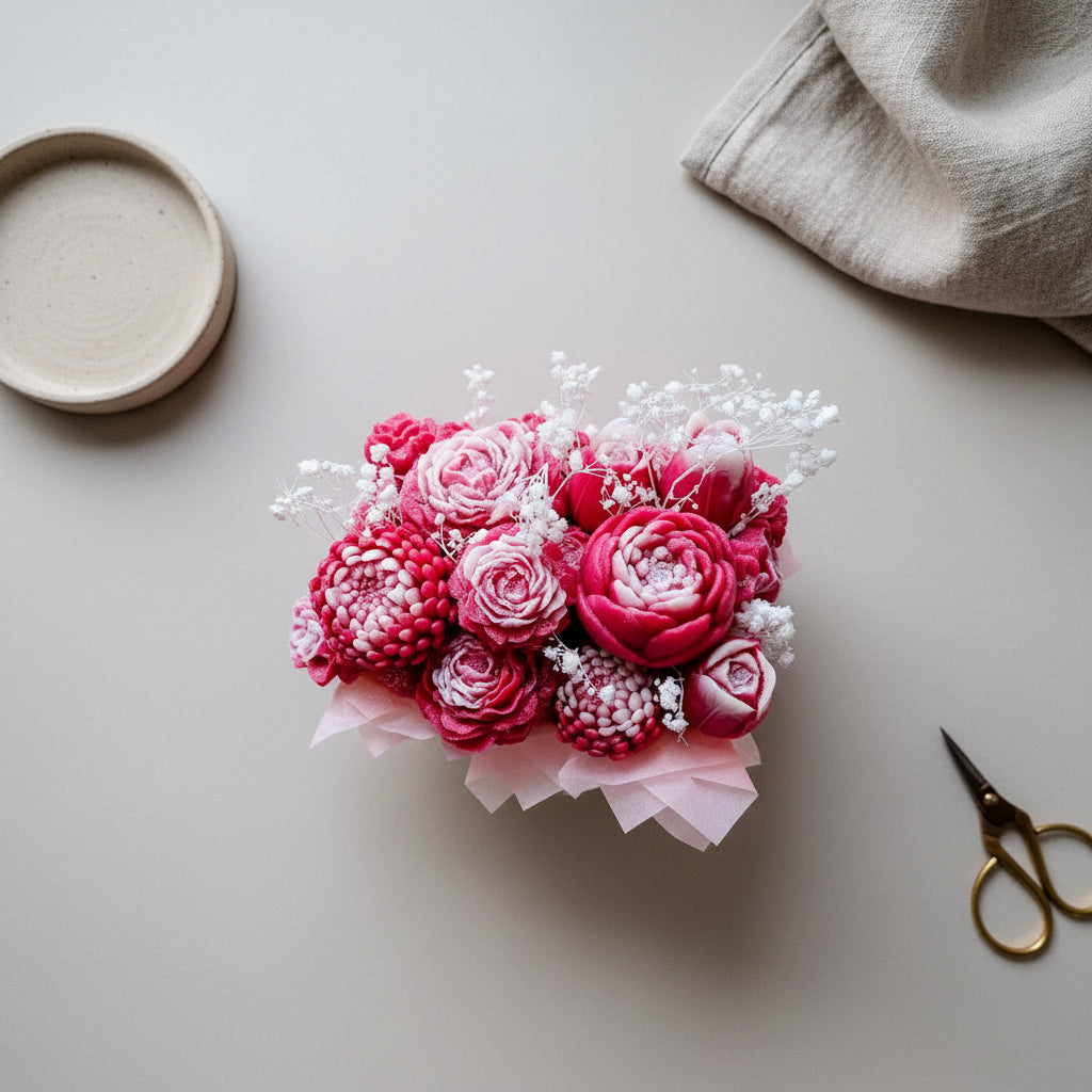 Μπουκέτο απο λουλούδια wax melts σε λήψη απο επάνω 