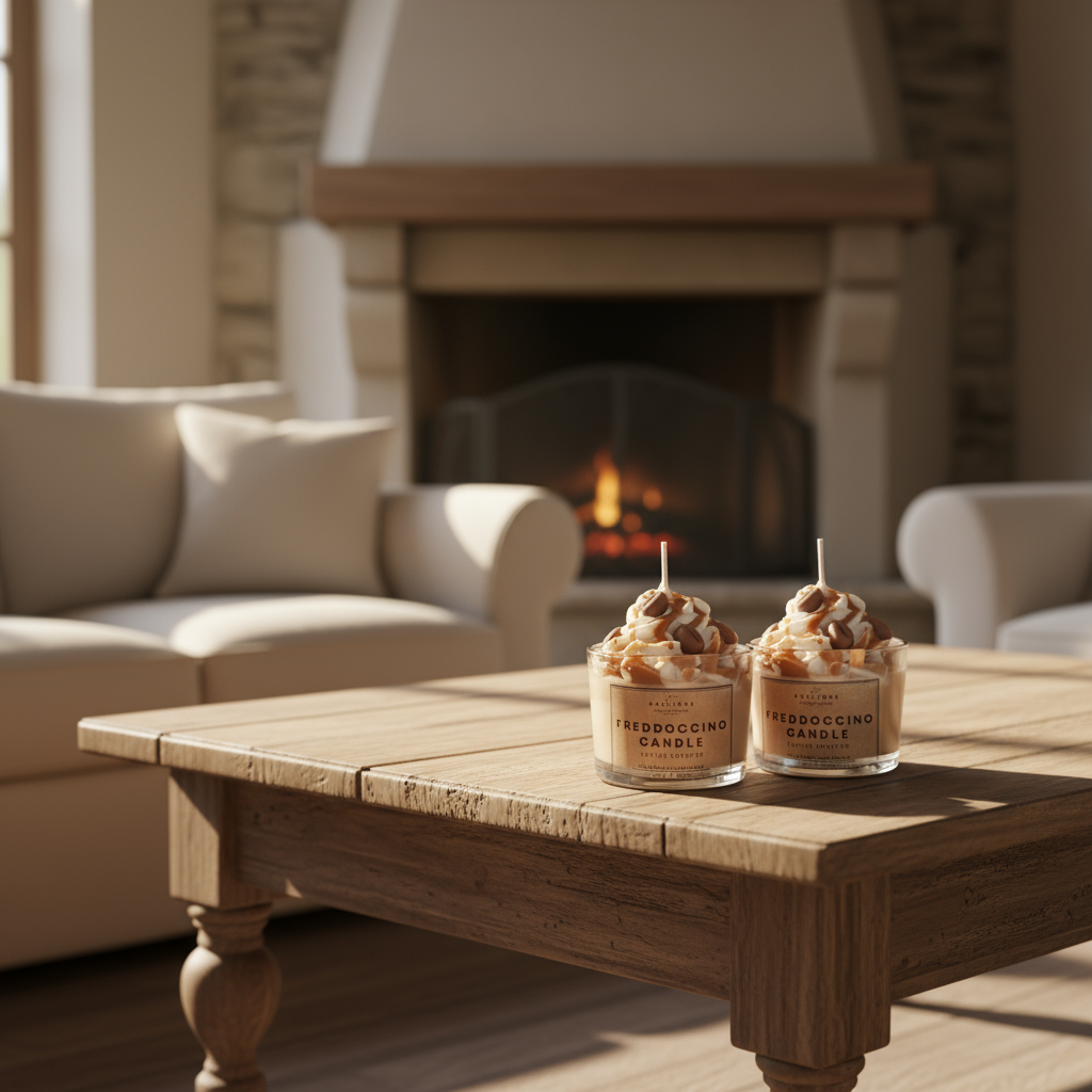 Two candles on a wooden coffee table in front of a fireplace.