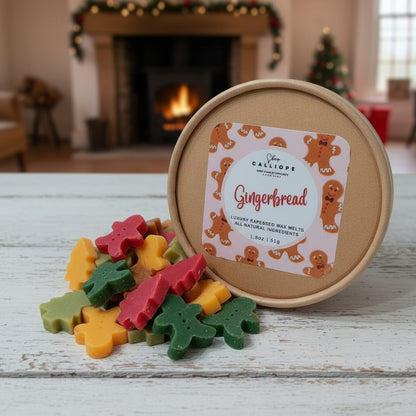 Colorful gingerbread-shaped wax melts in front of a round container with a label, set against a festive background.
