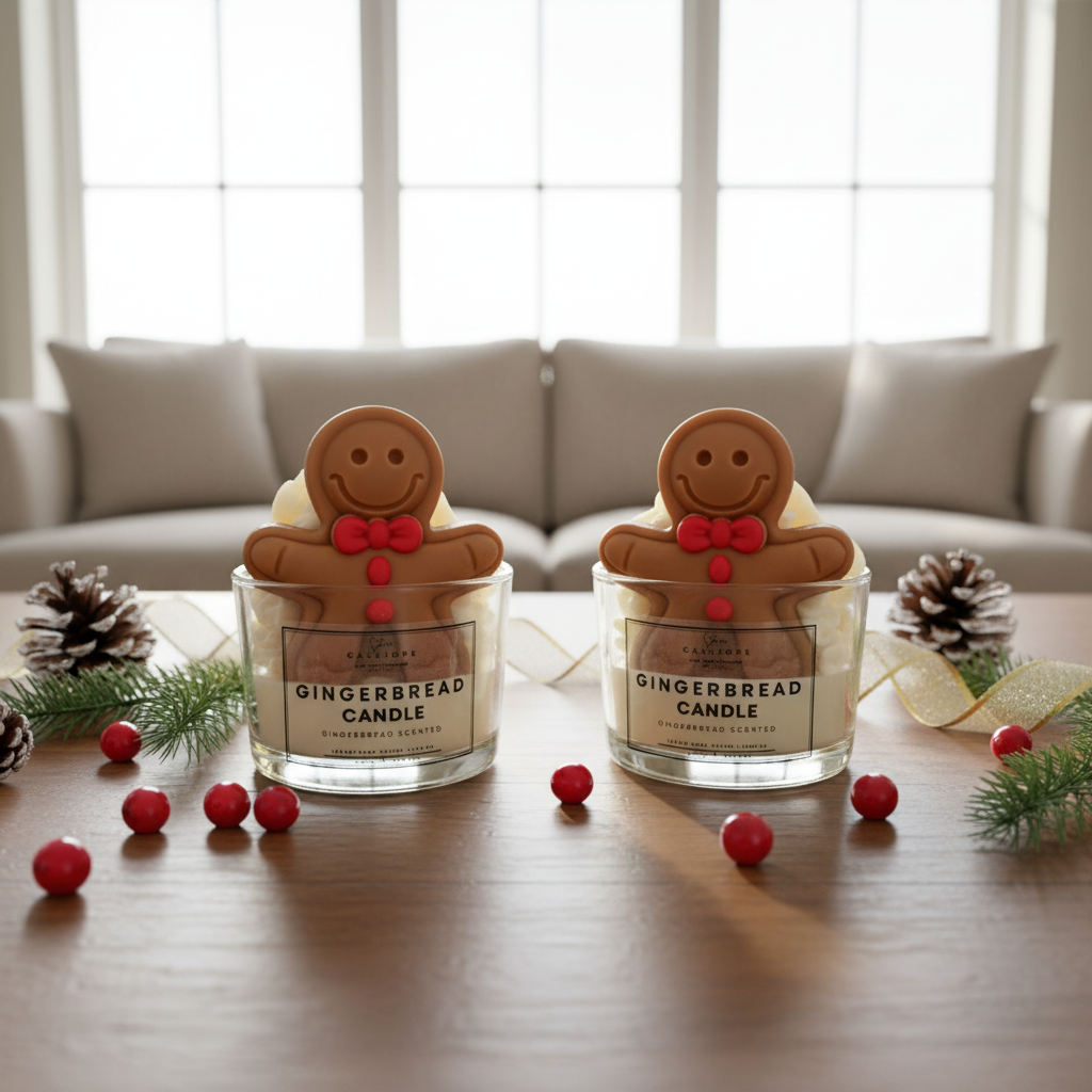 Two gingerbread-themed candles with decorative figures on a white background